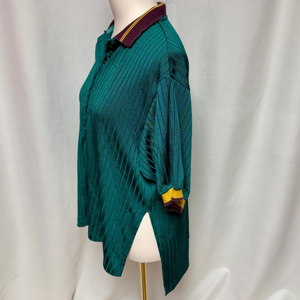 Urban Outfitters Ribbed Knit Polo Top Green Striped Varsity Collar Size Small - Picture 5 of 9